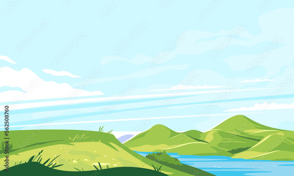 Place on the top of the hill with a panoramic view of mountains and river, hiking travel concept illustration, panorama of green hills with plants and grass