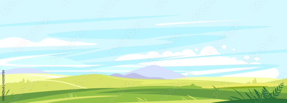 Big panorama of fields and meadows, summer countryside with green hills, summer sunny glades with field grasses and blue sky, travel concept illustration