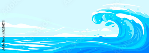 One big blue ocean wave in side view illustration landscape, wonderful surfing wave in ocean, panorama of open deep sea ocean with big wave