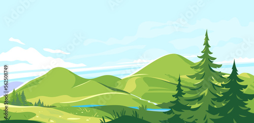 Mountain range landscape background in sunny day, hiking travel concept illustration, panorama of green hills with plants and grass