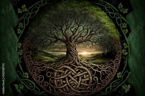 Celtic ancient forest. Sacred forest of the druids. AI generation