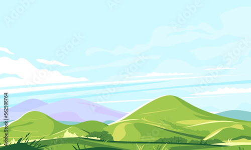 Mountain range landscape background in sunny day, hiking travel concept illustration, panorama of green hills with plants and grass