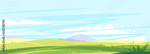 Big panorama of fields and meadows, summer countryside with green hills, summer sunny glades with field grasses and blue sky, travel concept illustration
