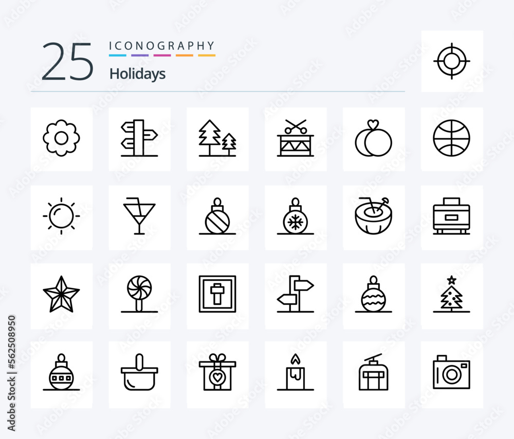 Holidays 25 Line icon pack including wedding. marriage. cypress. holiday. drum