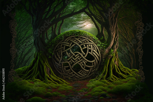 Celtic ancient forest. Sacred forest of the druids. AI generation