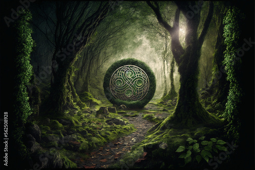 Celtic ancient forest. Sacred forest of the druids. AI generation