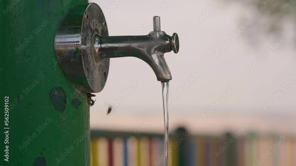 Close-up outdoor faucet with bee drinking refreshing water flying away. Winged insects on sunny summer hot day outdoors Close-up outdoor faucet with bee drinking refreshing water flying away. Winged insects on sunny summer hot day outdoors