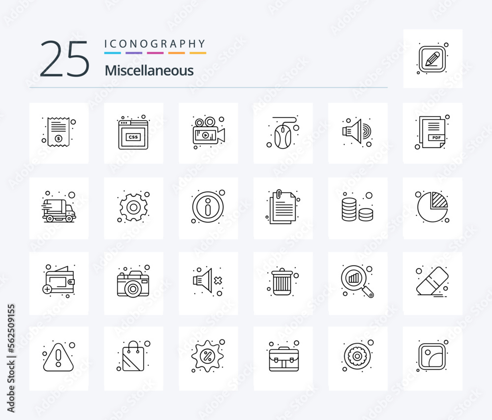 Miscellaneous 25 Line icon pack including volume. camera. mouse. click