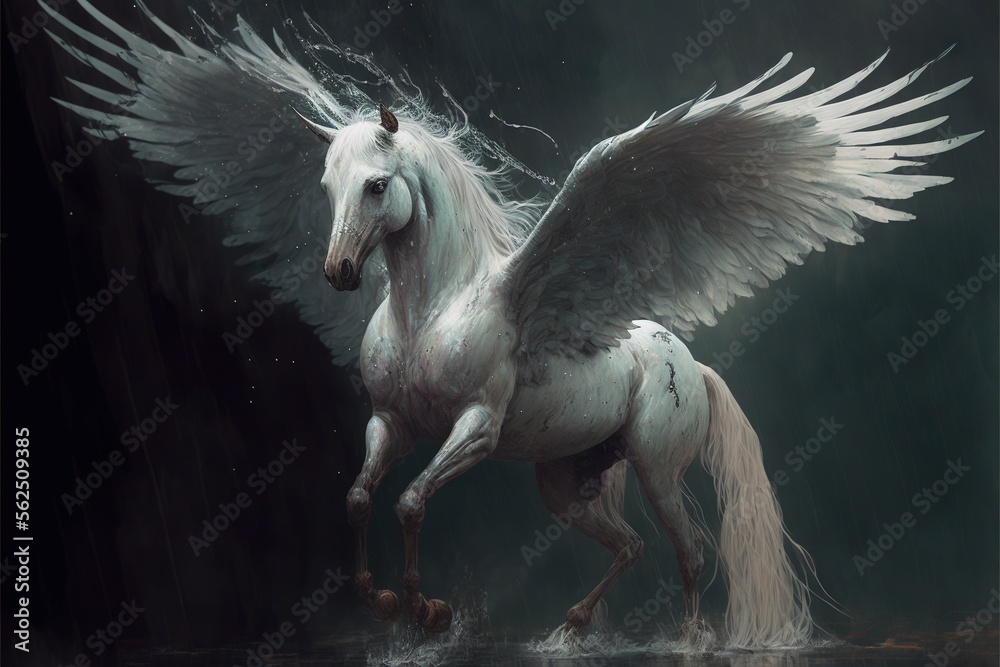 a white horse with wings is standing in the water with its back legs