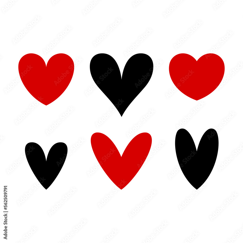 Set of different heart icons. Red, black silhouette. Front view. Vector simple flat graphic illustration. Isolated object on a white background. Isolate.