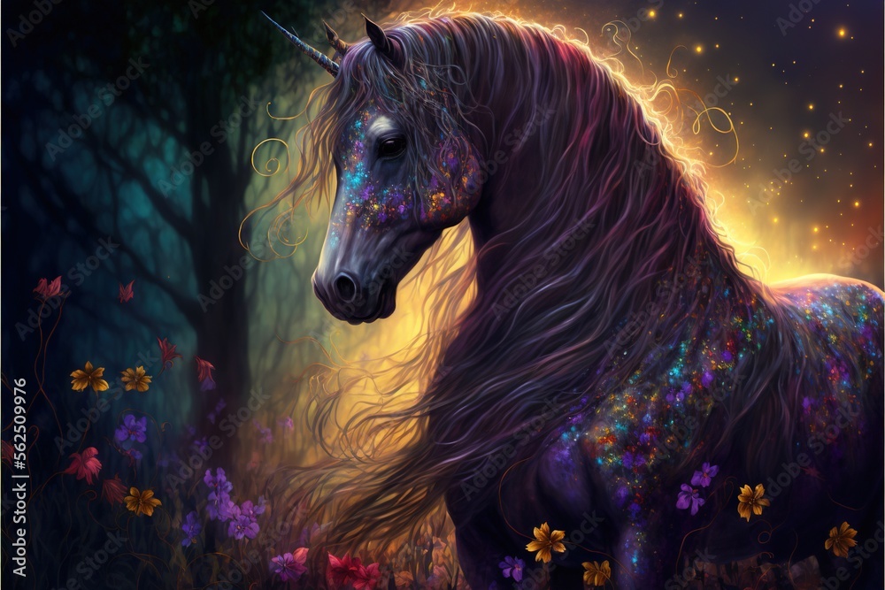 a painting of a unicorn in a forest with flowers and trees in the ...