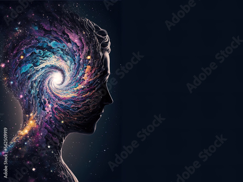 Chakra activates with meditation. Third eye and pineal gland are connecting to the universe, being one with the cosmos. Copy spaceSpirituality, esoteric, awesome wholeness. Generative ai