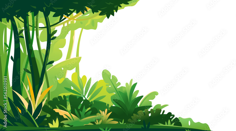 Wild jungle forest with trees, bushes and lianas on white background, decorative composition of jungle plants on one side, dense vegetation of the jungle, beginning of the topical forest - obrazy, fototapety, plakaty 