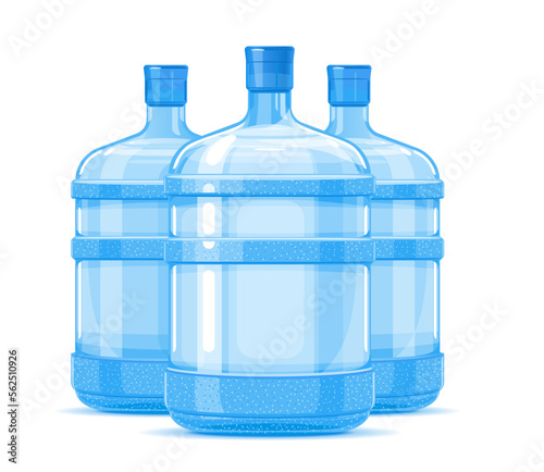 Group of tree five gallon big plastic water bottle containers quality illustration standing on white background, water delivery service of fresh purified water