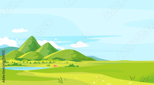 Tourist trails in the beautiful green mountains in sunny day with camping near small lake, hiking travel concept illustration background, top of the hill, conquer the top of the mountains