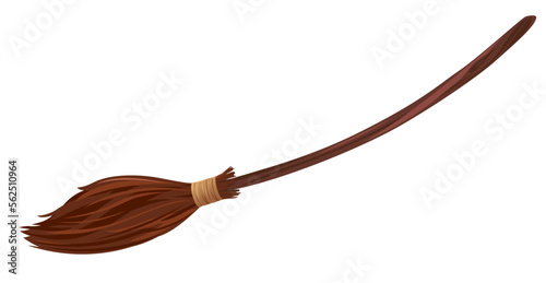 One brown broom with long wooden handle, witch broomstick isolated illustration