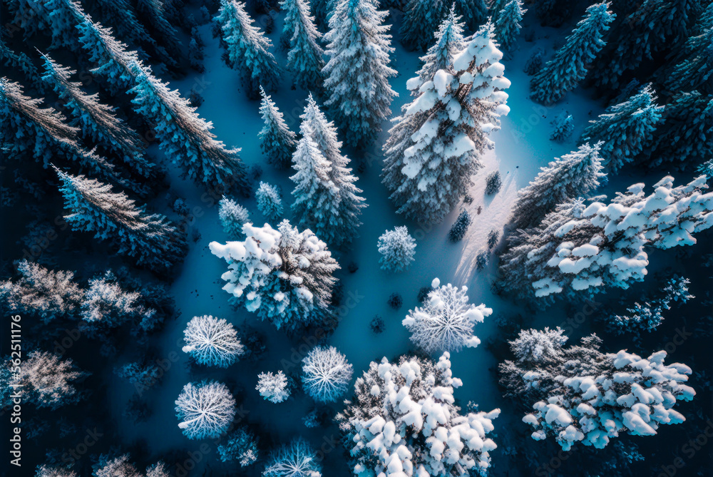 Fototapeta premium Snow covered forest trees, aerial overhead view. Generative AI