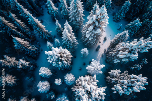 Snow covered forest trees, aerial overhead view. Generative AI