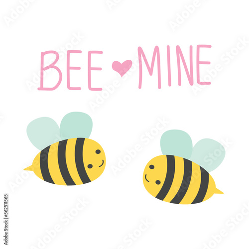Valentine's day background with cute bee cartoon and heart sign symbol on white background