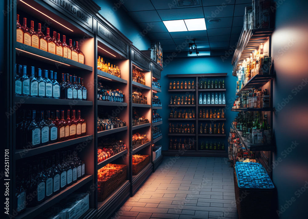 Liquor store interior. Fictitious text and labels. Generative AI