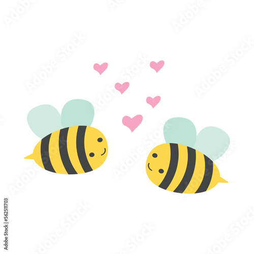 Valentine's day background with cute bee cartoon and heart sign symbol on white background