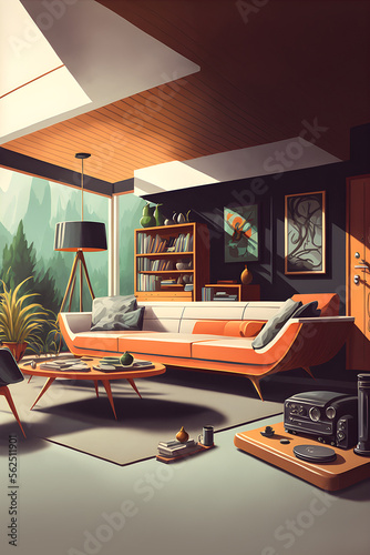 Mid century modern house illustration, generative ai