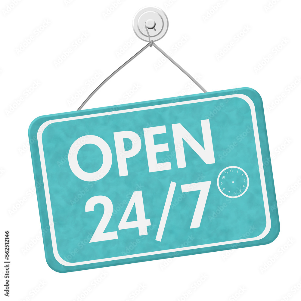Open 24/7 message on a sign isolated on white Open 24/7 message on a sign isolated on white