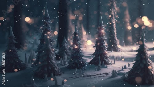 Snow falling forest in winter Christmas trees, warm light background loop animation
