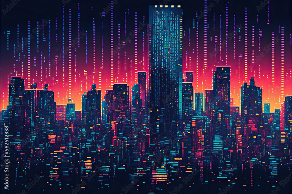 Fototapeta premium Neon high tech city in binary code, Generative AI