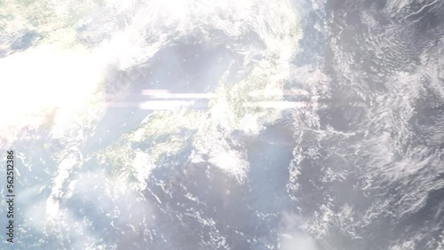 Earth zoom in from outer space to city. Zooming on Handa, Aichi, Japan. The animation continues by zoom out through clouds and atmosphere into space. Images from NASA photo