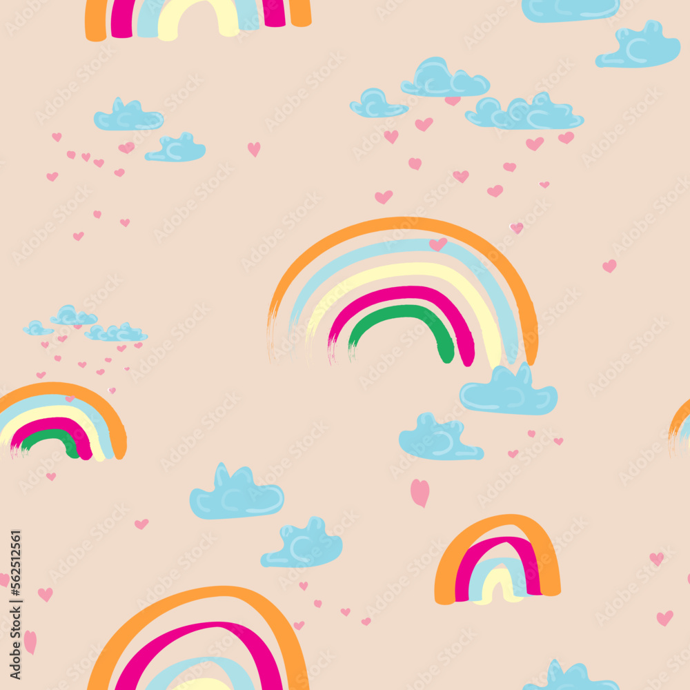 Fototapeta premium abstract rainbow background. Seamless vector with heartly rain on the rainbow. Cute design for children textile 