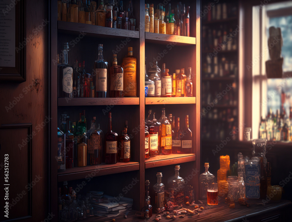 Liquor bottles on shelves in liquor store interior. Fictitious text and labels. Generative AI