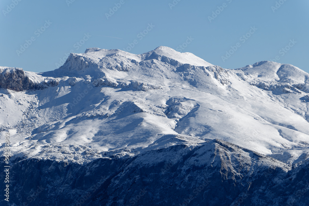 Amazing view of different mountain peaks with snow during winter. Beautiful mountain range and amazing attraction for alpine climbers. Adventurous lifestyle. 