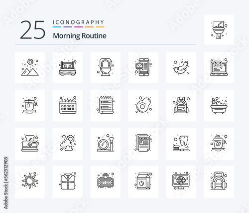 Morning Routine 25 Line icon pack including meat. mobile. sleep. massage. toilet