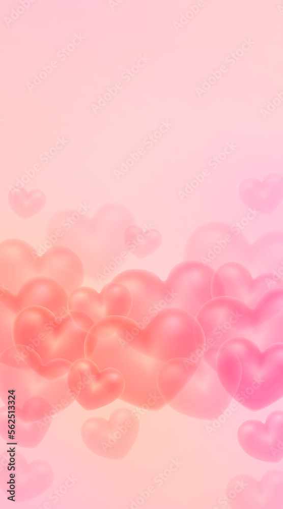 Background for Valentine's Day or Mother's Day. Pink vertical background with transparent hearts. Flying voluminous hearts.