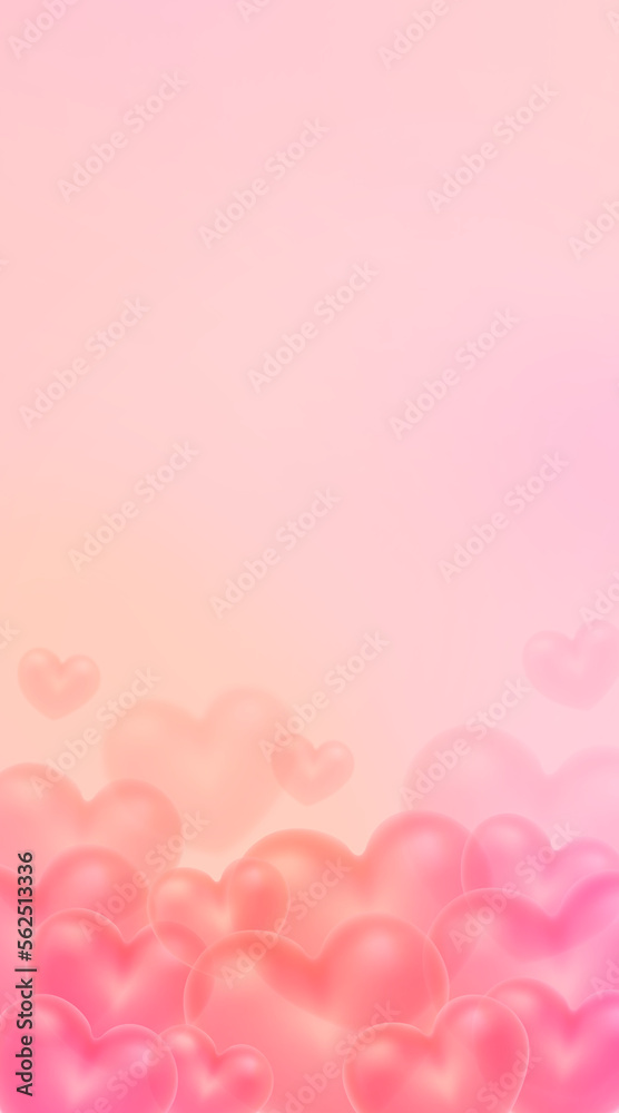 Background for Valentine's Day or Mother's Day. Pink vertical background with transparent hearts. Flying voluminous hearts.