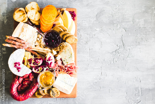 Assortment of tasty appetizers or antipasti. Charcuterie board.