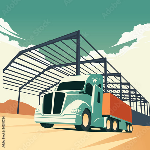 Truck graphic design, factory industry zone, construction transport, flat illustration, vector editable