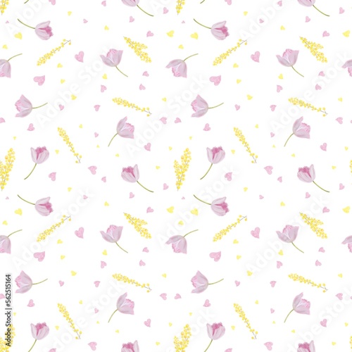 Seamless pattern with pink tulips and yellow mimosa sprigs, on a white background, digital drawing.
