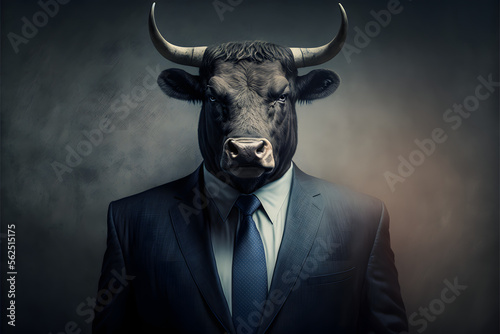 Suited for Success: A Bull in a Business Attire, copy space, isolated, dark background, Generative AI