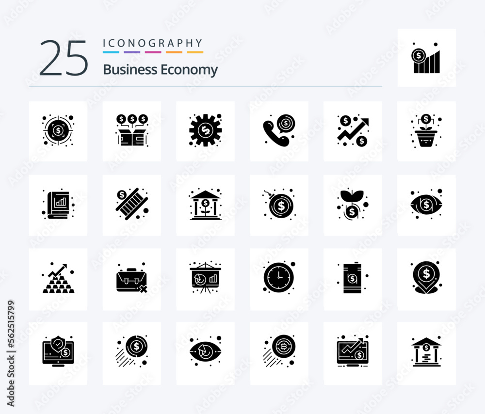 Economy 25 Solid Glyph icon pack including analysis. phone. dollar. dollar. call