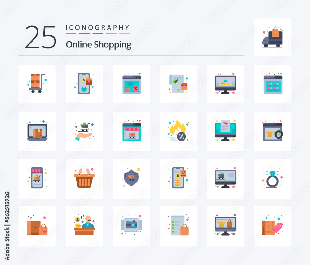 Online Shopping 25 Flat Color icon pack including profile. online order. discount. purchase. mobile