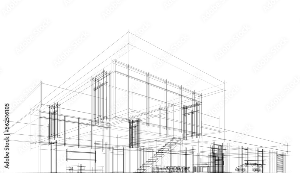 Modern house building architectural sketch 3d illustration