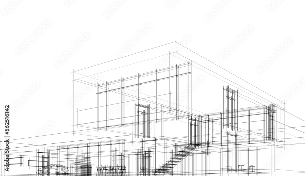 Modern house building architectural sketch 3d illustration