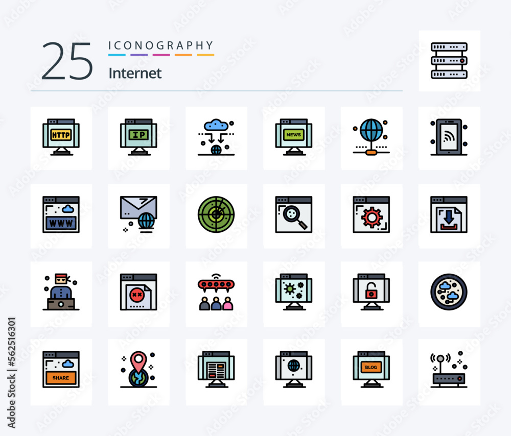 Internet 25 Line Filled icon pack including internet. news. antenna. journal. communications