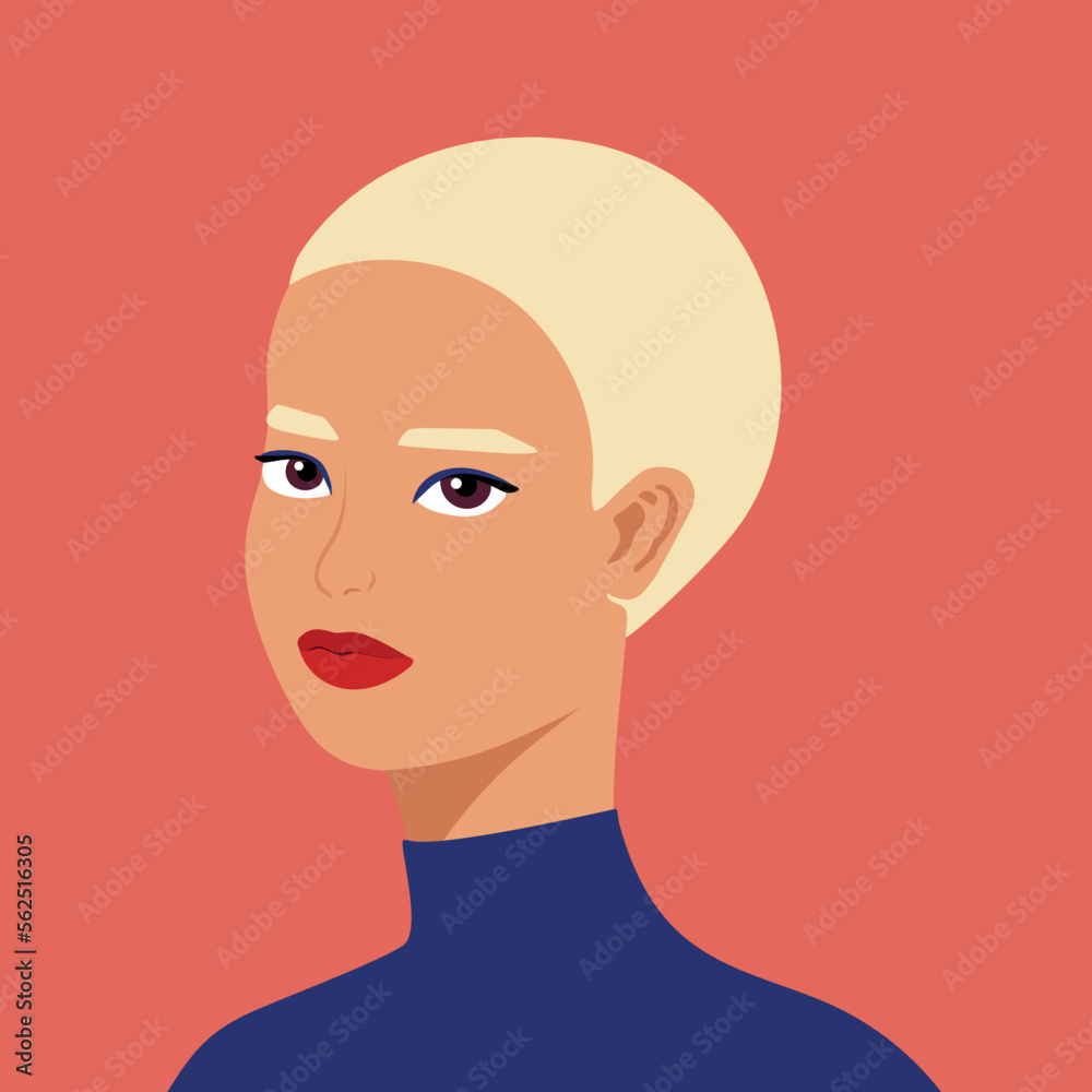 Portrait of a beautiful half turn woman. Young blonde girl with short hair. Fashion and beauty. Female. Avatar for social networks. Bright art. Flat style Portrait of a beautiful half turn woman. Young blonde girl with short hair. Fashion and beauty. Female. Avatar for social networks. Bright art. Flat style