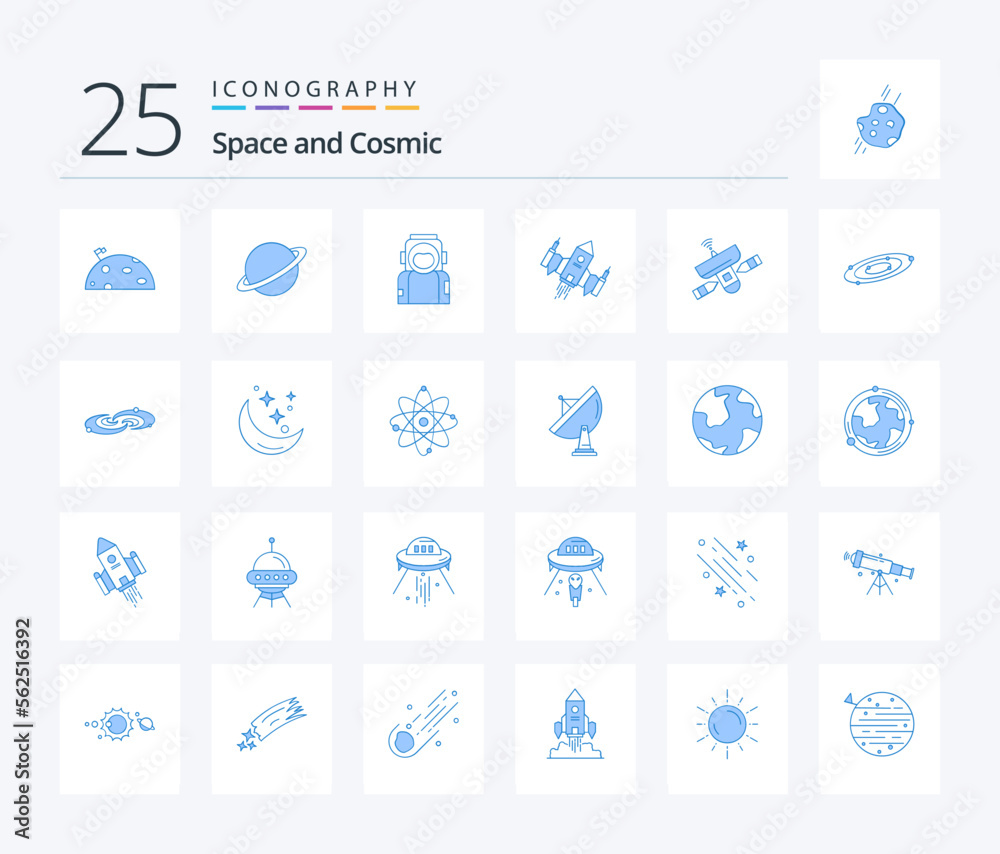 Space 25 Blue Color icon pack including antenna. helmet. alien. ship