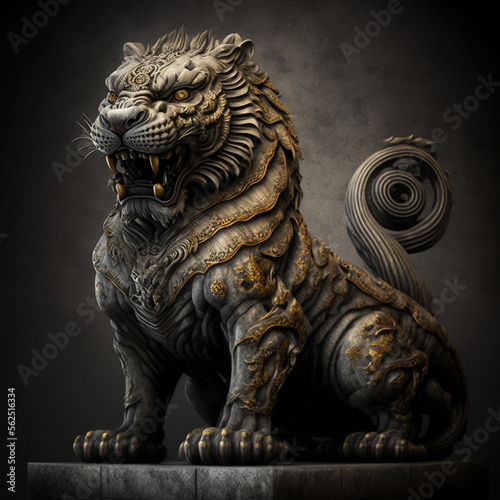 lion on black, lion statue, Tiger dragon statue in chinese temple, gray background, © Ivan