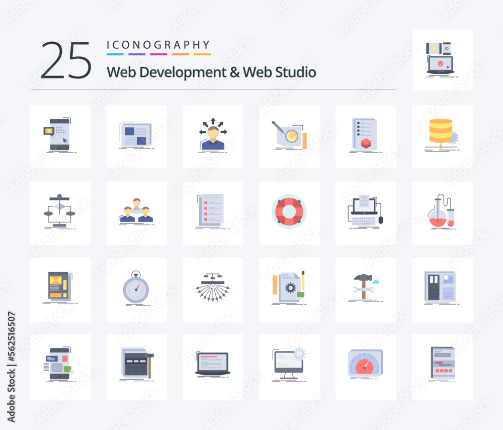 Web Development And Web Studio 25 Flat Color icon pack including content. structure. frame. options. conversion
