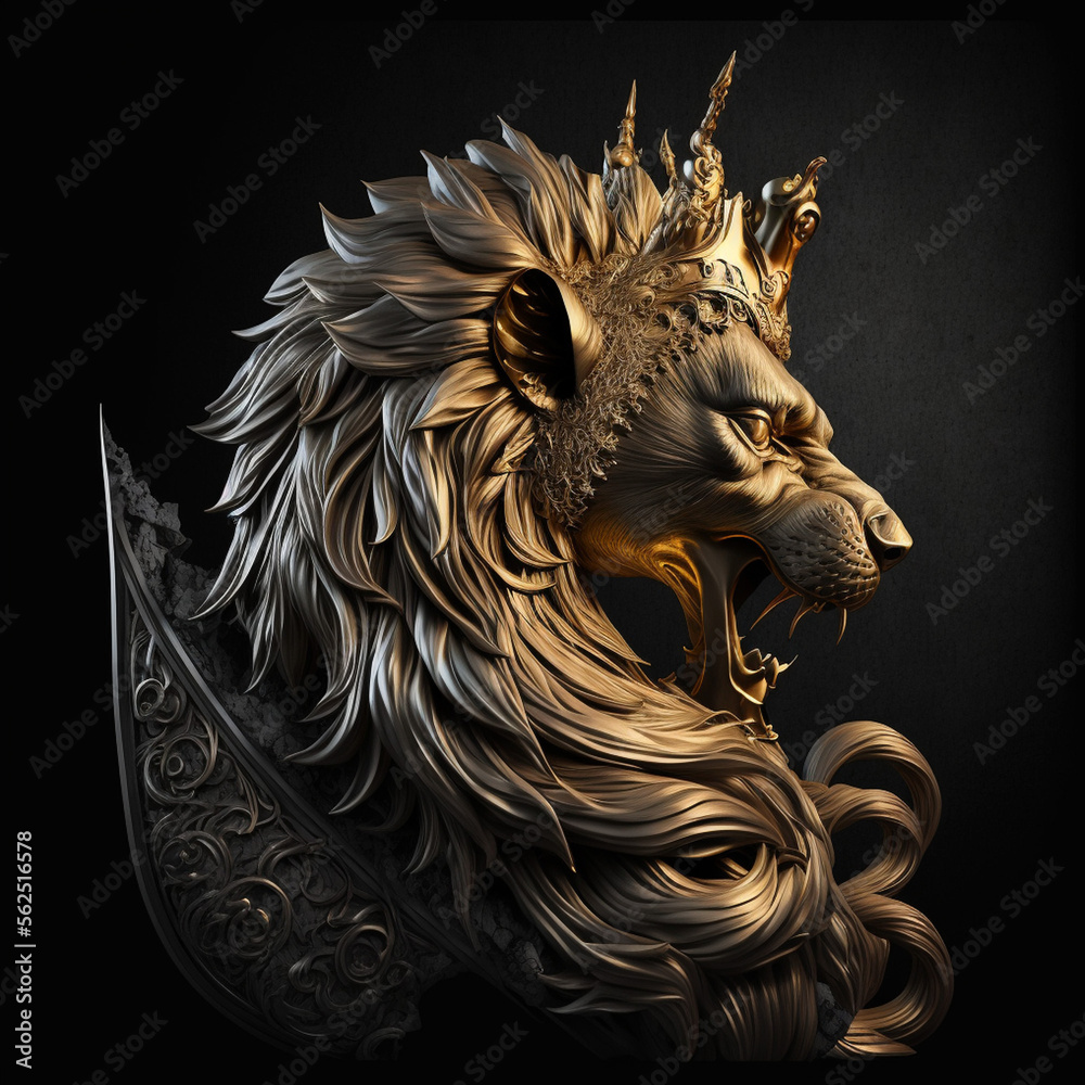 lion head on black, lion head on black background, head of lion, golden lion  statue, golden